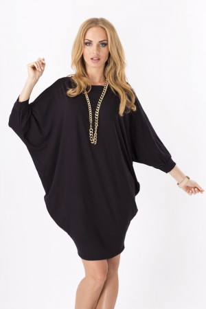 Womens Mini Dress Batwing Boat Neck Long Sleeve Tunic Shift Dress Black-M